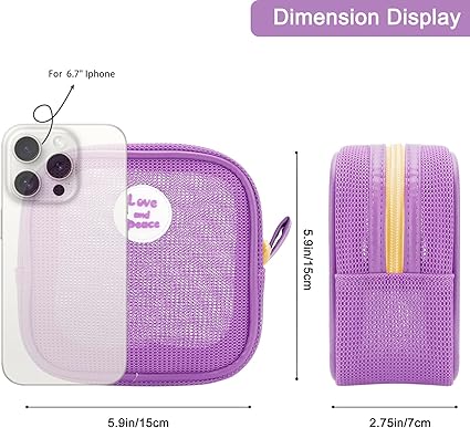 DOB SECHS Small Mesh Makeup Bag for Purse Thickened Square Mesh Cosmetic Bags with Colored Zipper for Women, Cute Mini Toiletry Pouch for Travel, Daily Accessories Organizer Pencil Case, Purple