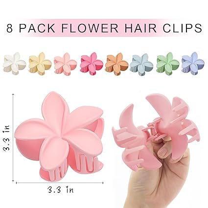 Hawaiian Flower Hair Clips for Women 8 Pack, Plumeria Hair Claw Clips for Thick Thin Hair, Beach Tropical Hair Accessories for Girls 8 Colors