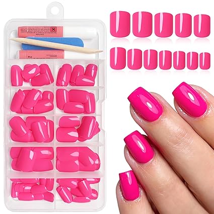 Square Press on Nails Short, 120Pcs Glossy Hot Pink Fake Nails Full Cover Acrylic Nail Press ons Reusable Glue on Nails Solid Color Artificial False Nail for Women Girls
