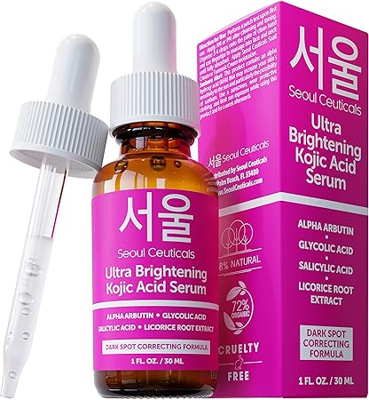 SeoulCeuticals Korean Skin Care Kojic Acid Serum Alpha Arbutin – Dark Spot Remover Corrector Glycolic Acid + Salicylic Acid K Beauty 1oz
